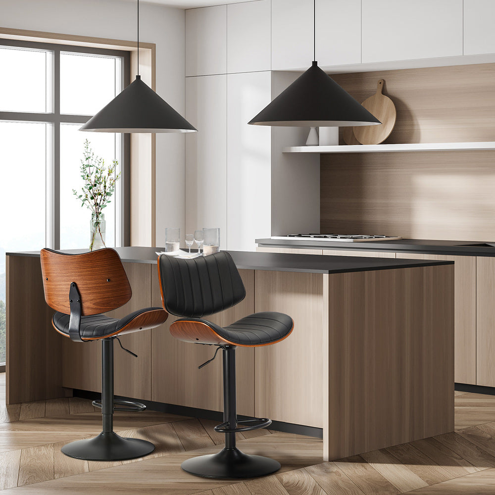 2x Bar Stool Kitchen Swivel Chair Wooden Leather Gas Lift Black
