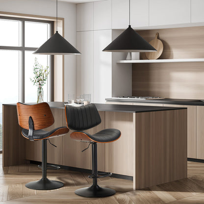 2x Bar Stool Kitchen Swivel Chair Wooden Leather Gas Lift Black