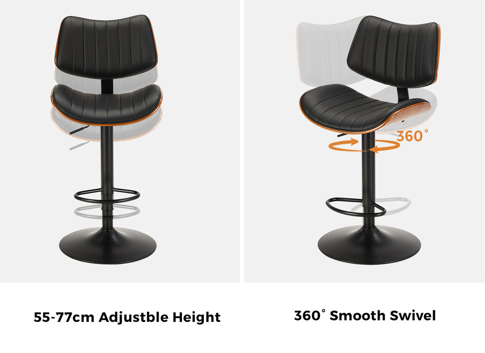 2x Bar Stool Kitchen Swivel Chair Wooden Leather Gas Lift Black