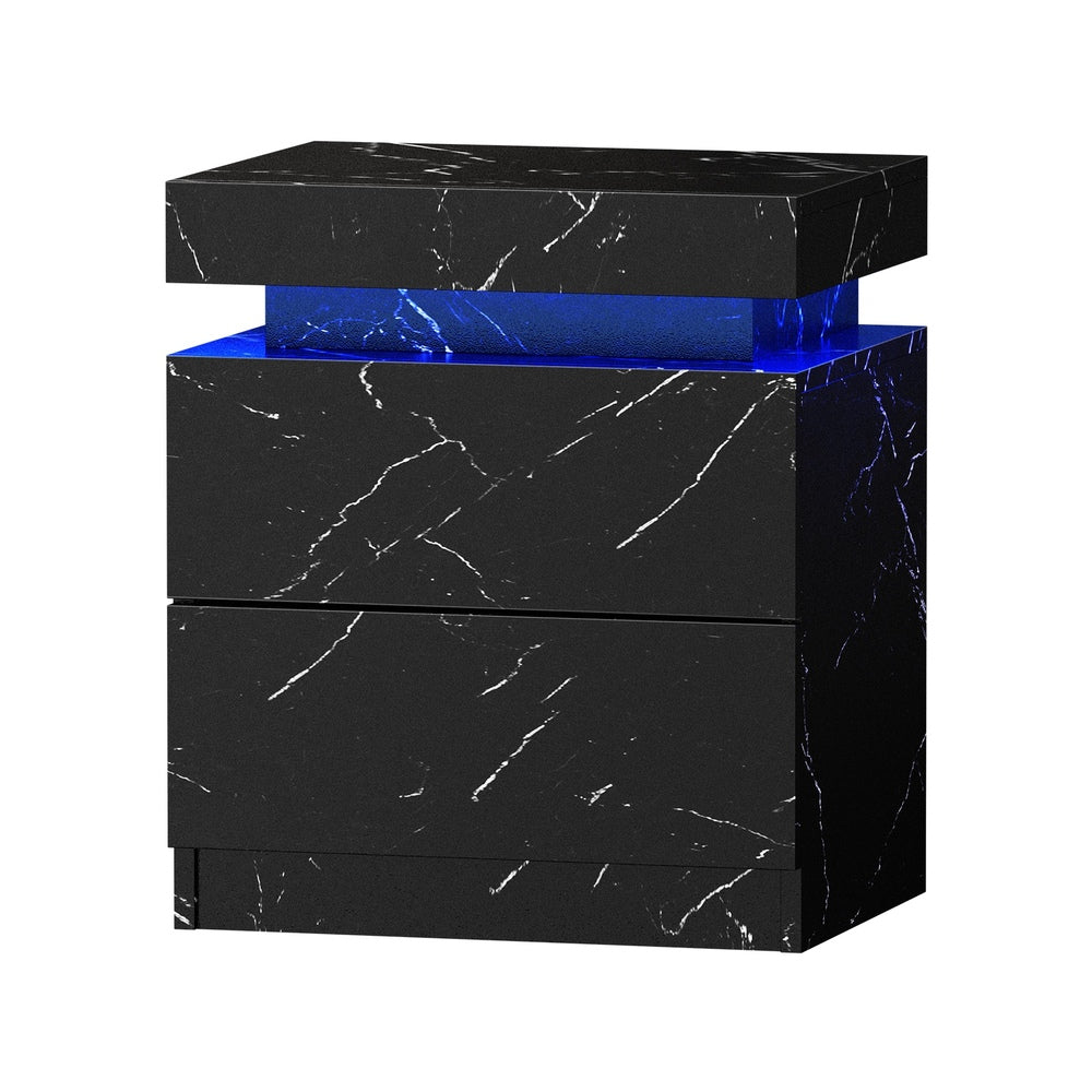 2x Bedside Table 2 Drawers LED Nightstand Marble Effect White