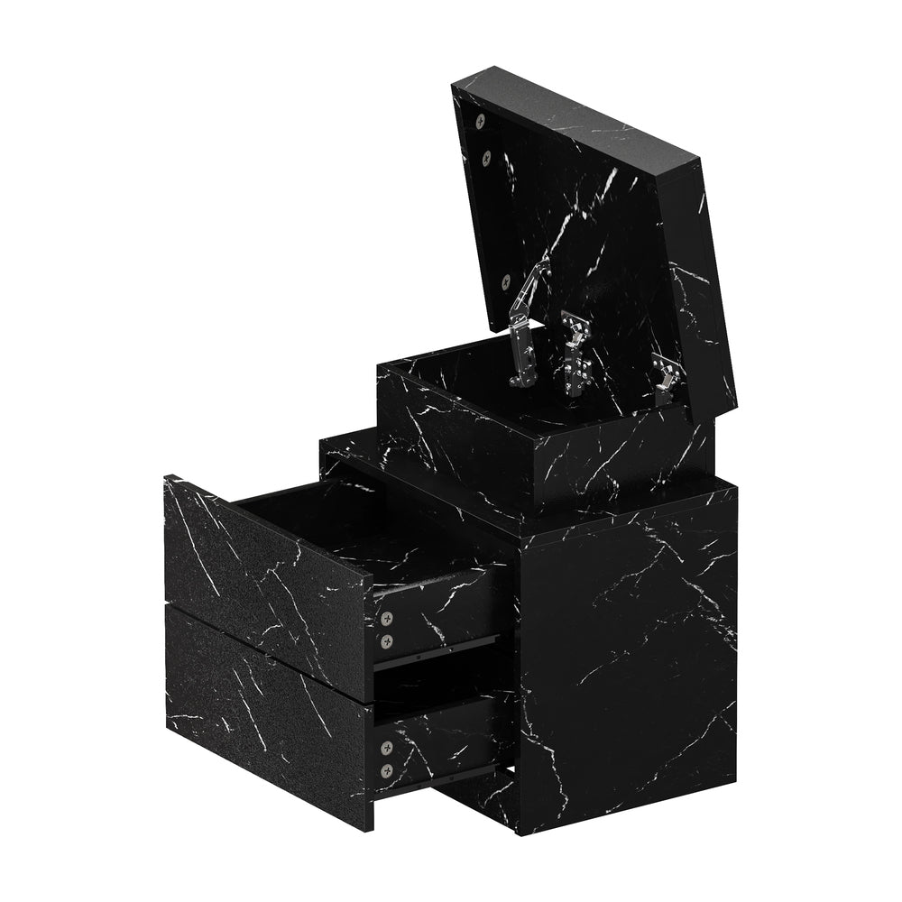 2x Bedside Table 2 Drawers LED Nightstand Marble Effect Black