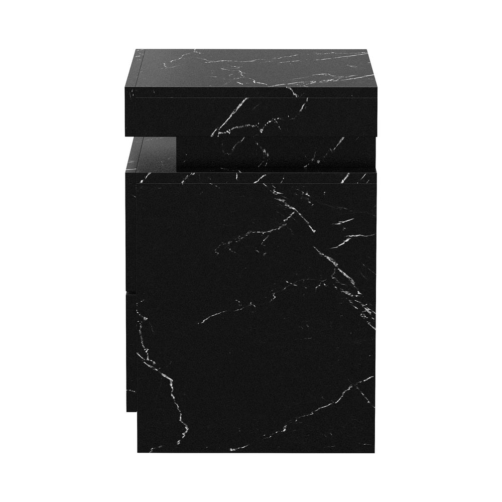 2x Bedside Table 2 Drawers LED Nightstand Marble Effect White