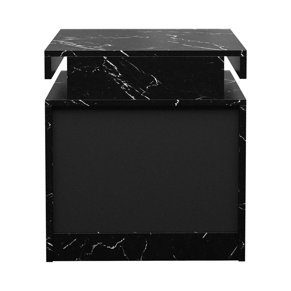 2x Bedside Table 2 Drawers LED Nightstand Marble Effect Black