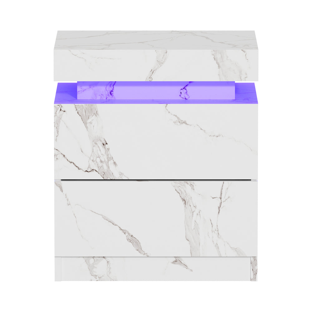 2x Bedside Table 2 Drawers LED Nightstand Marble Effect White