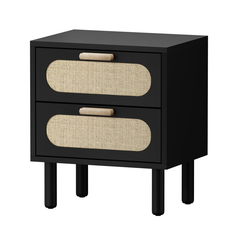 2x Bedside Table 2 Drawers Rattan Black