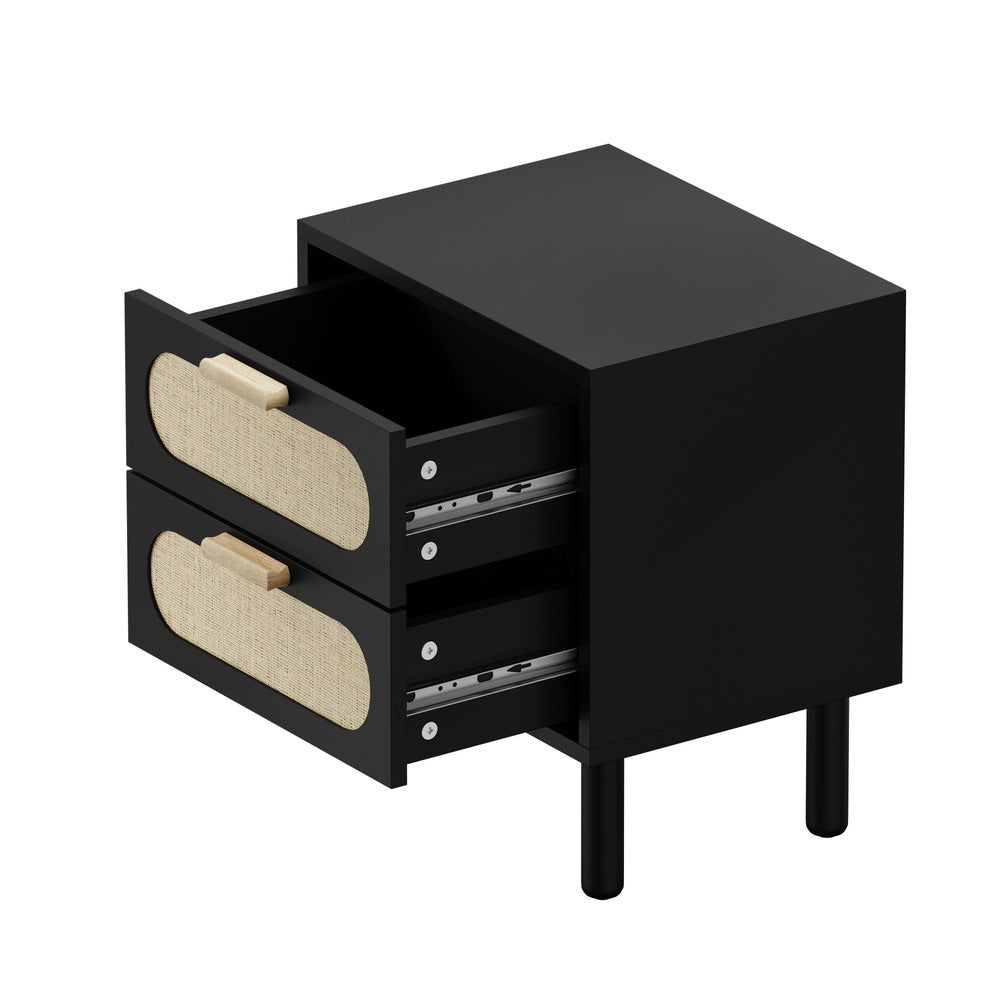 2x Bedside Table 2 Drawers Rattan Black