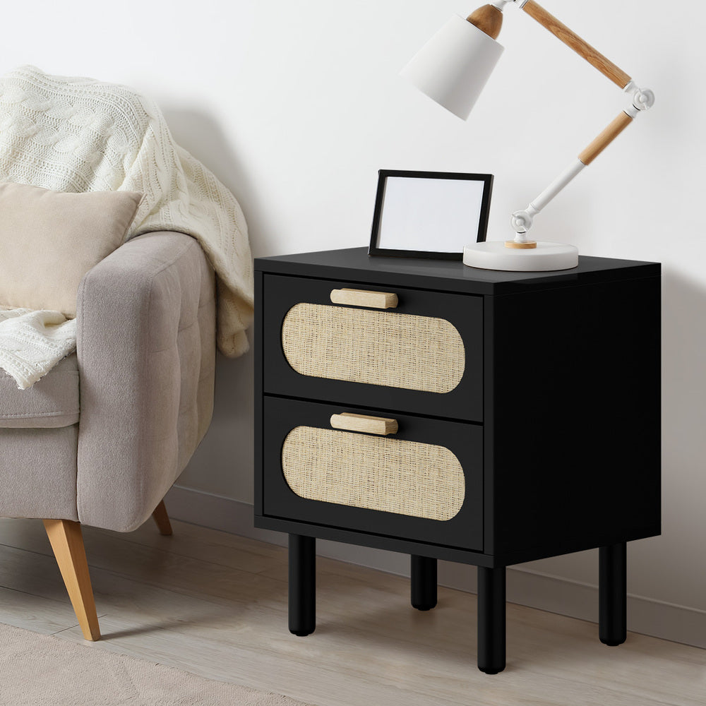 2x Bedside Table 2 Drawers Rattan Natural