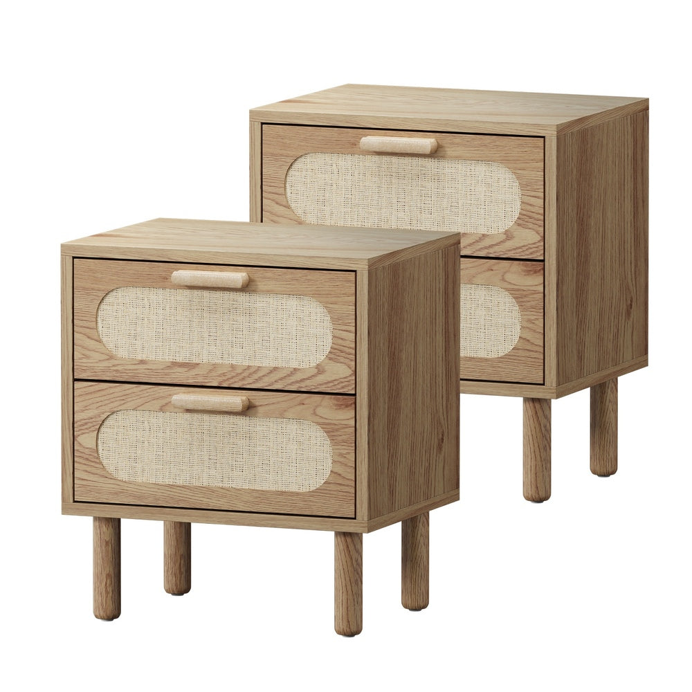 2x Bedside Table 2 Drawers Rattan Natural