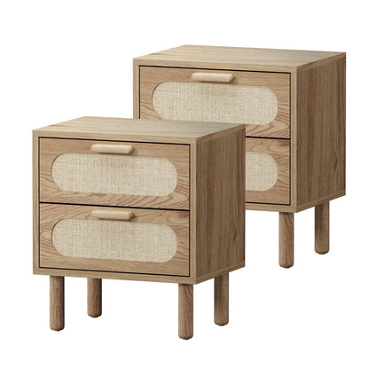 2x Bedside Table 2 Drawers Rattan Natural