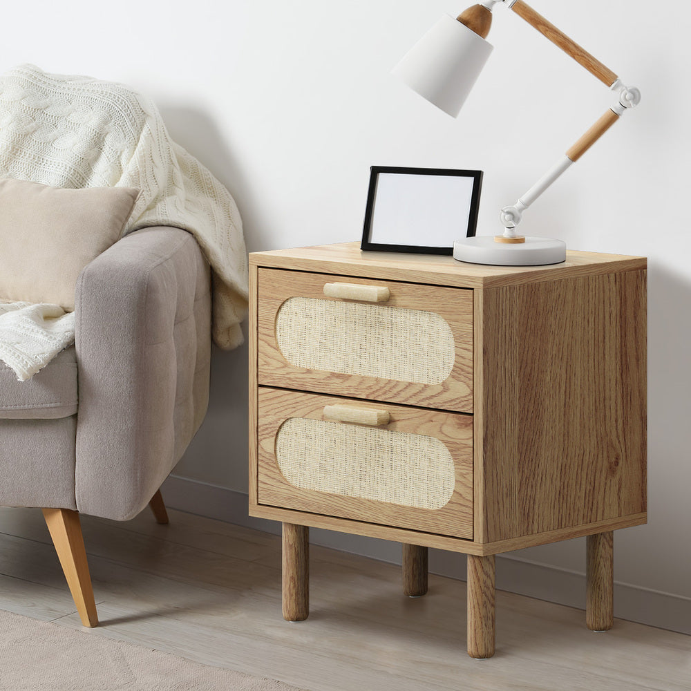 2x Bedside Table 2 Drawers Rattan Natural