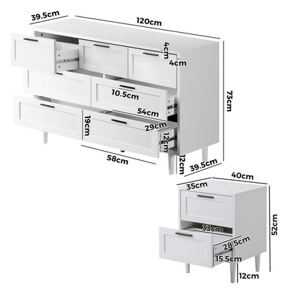 7 Chest of Drawers and 2 Bedside Tables Bedroom Set White