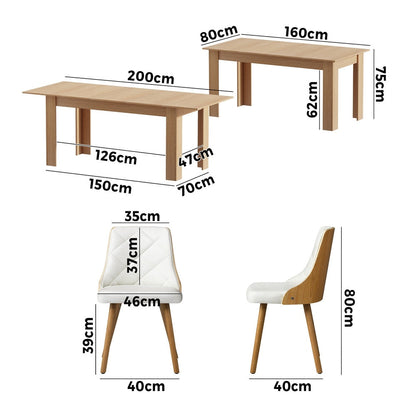 200cm Extendable Dining Table with 6PCS Dining Chairs PU Leather White