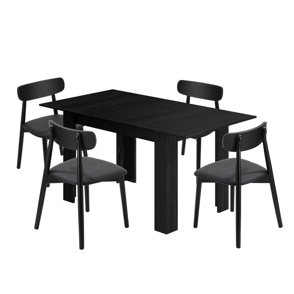 160cm Extendable Dining Table with 4x Dining Chairs PU Leather Black