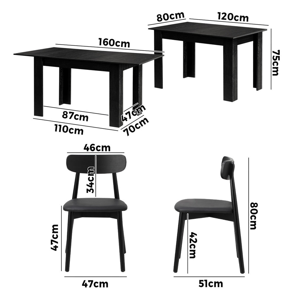 160cm Extendable Dining Table with 6x Dining Chairs PU Leather Black