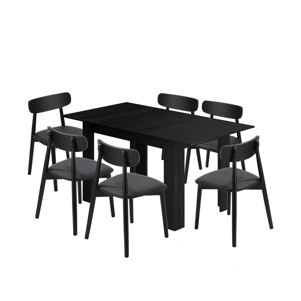 160cm Extendable Dining Table with 6x Dining Chairs PU Leather Black