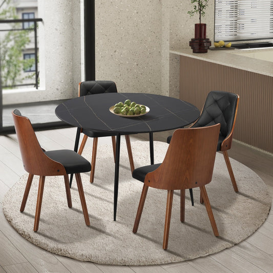 110cm Round Dining Table with 4 Chairs Leather Black