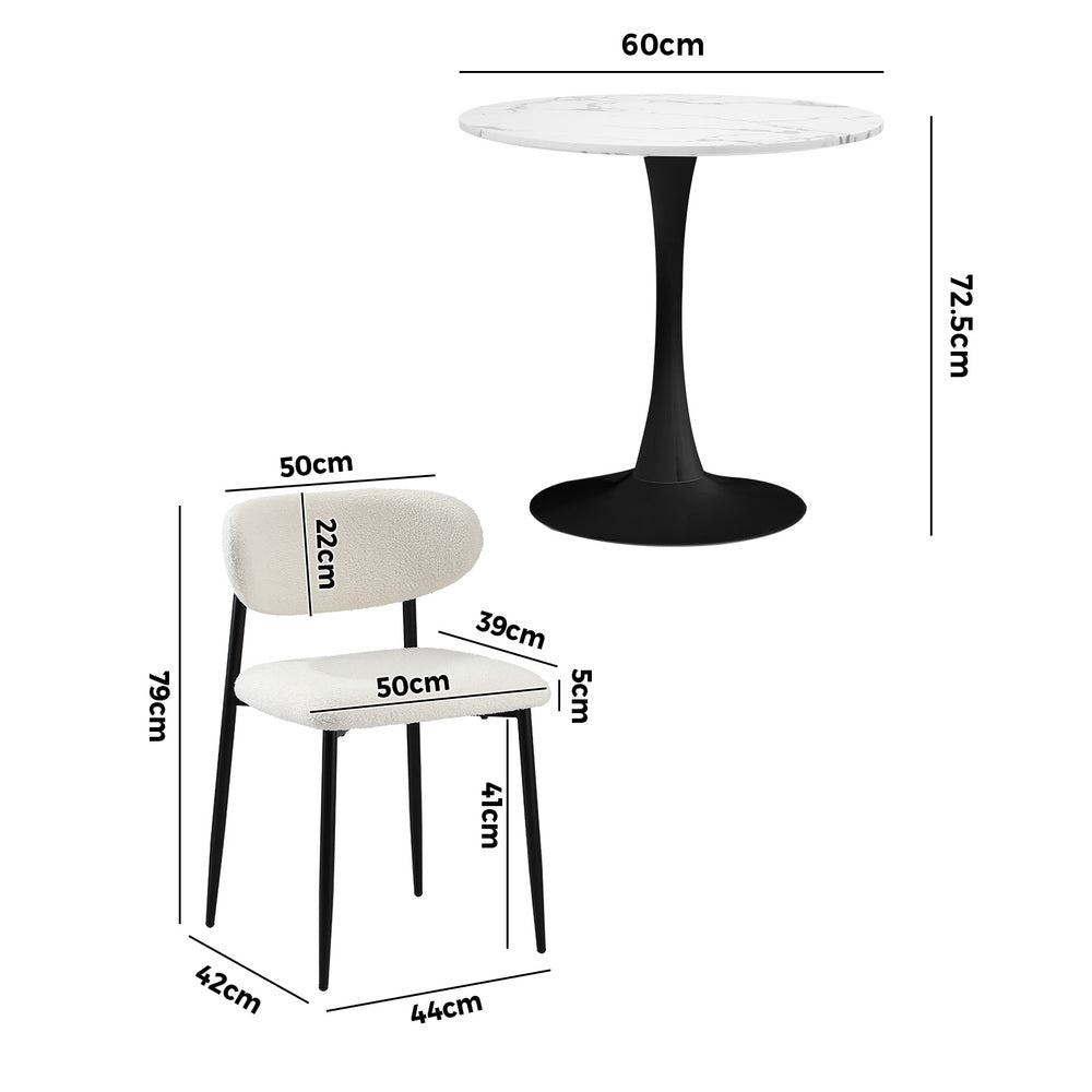 60cm Round Dining Table with 2x Dining Chairs Boucle White&Black