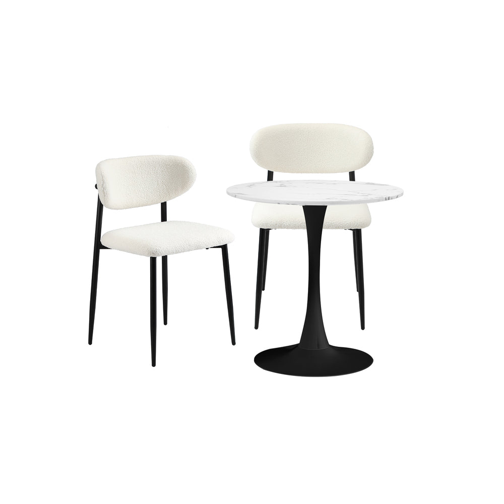 60cm Round Dining Table with 2x Dining Chairs Boucle White&Black
