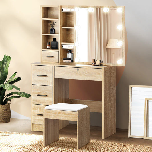 Dressing Table Stool Set Makeup Slide Mirror Drawer 10 LED Bulbs Wooden