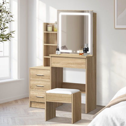 Dressing Table Stool Set LED Slide Mirror (Black/Natural/White)
