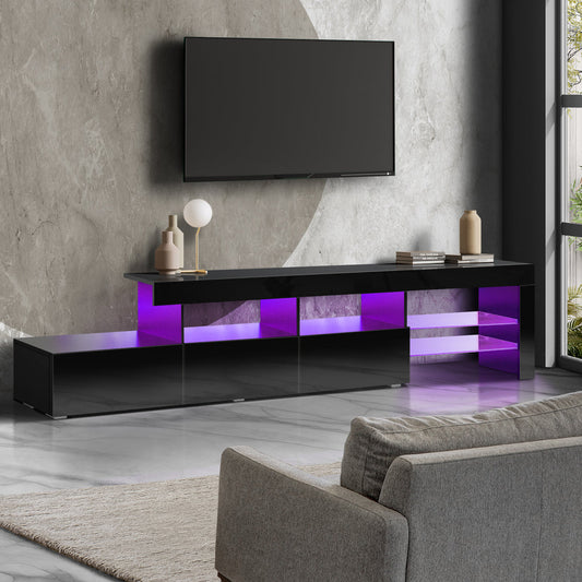 TV Cabinet Entertainment Unit Stand RGB LED Gloss Furniture Black 220cm