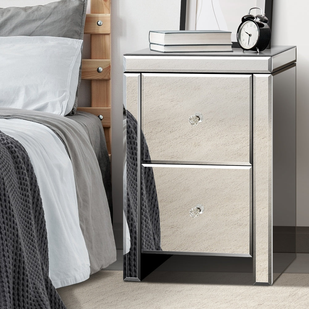 Mirrored Bedside Table with 2 Drawers Home Storage Cabiner Nightstand End Table