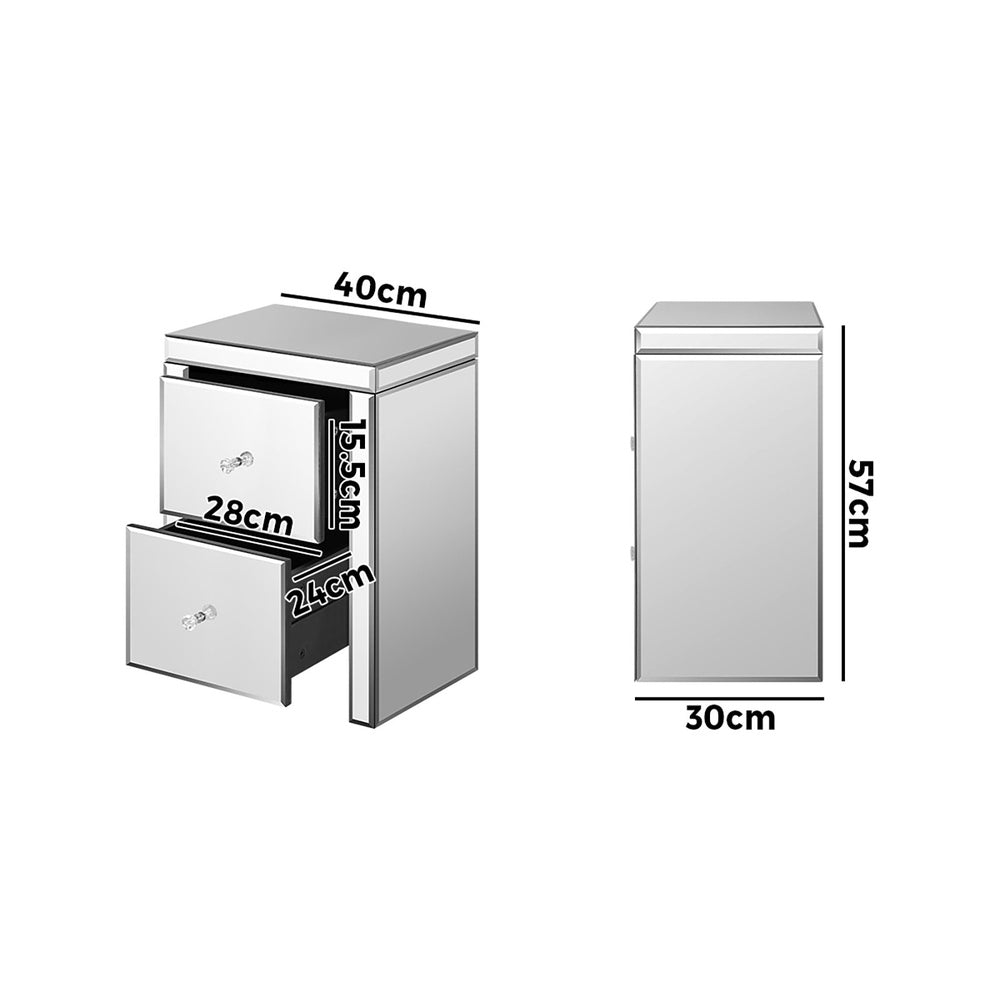 Mirrored Bedside Table with 2 Drawers Home Storage Cabiner Nightstand End Table