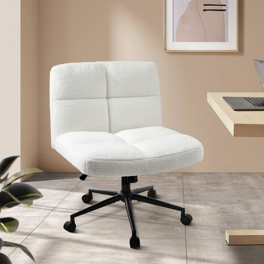 Armless Office Chair Wide Seat with Wheels Boucle White