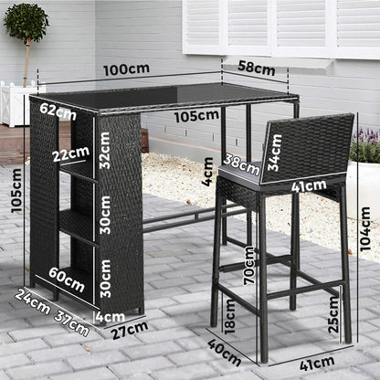 Outdoor Bar Table Dining Chairs Stools Set Rattan Patio Furniture 3 Piece