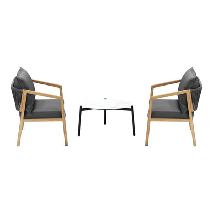 3PCS Outdoor Patio Set White 50cm Coffee Table Grey/Natural Chairs