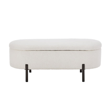 Storage Ottoman Bench Oval Blanket Linen Grey
