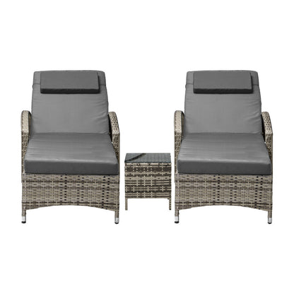 2x Wheeled Sun Lounger Day Bed & Table Outdoor Setting Patio