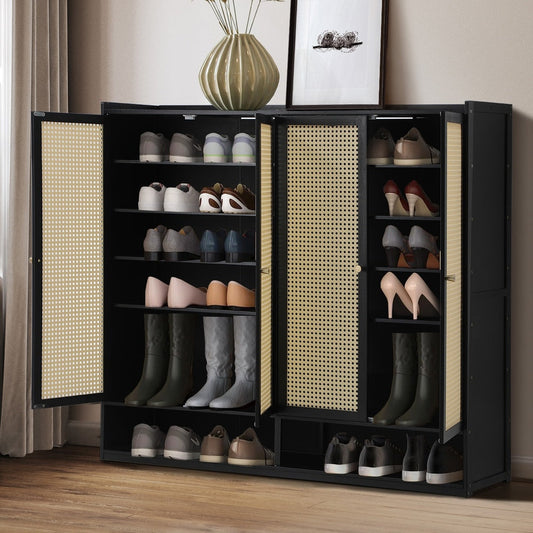 Shoe Storage Cabinet 4 Doors Rattan Black