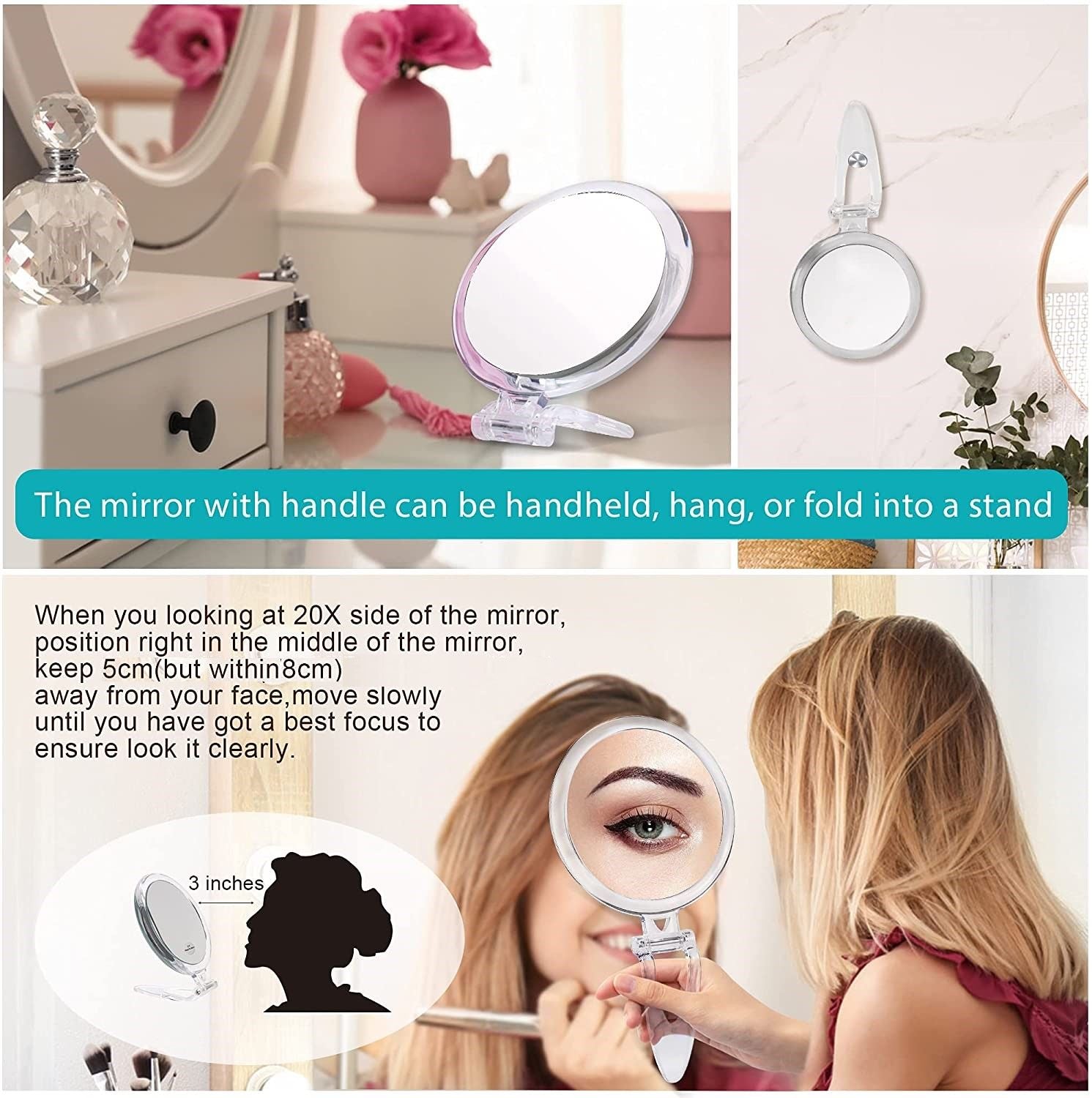 20X Magnifying Hand Mirror Two Sided Use For Makeup 