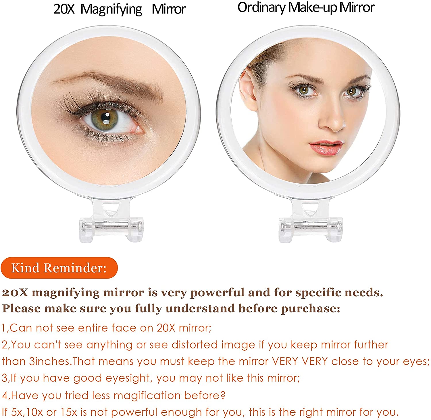 20X Magnifying Hand Mirror Two Sided Use For Makeup 