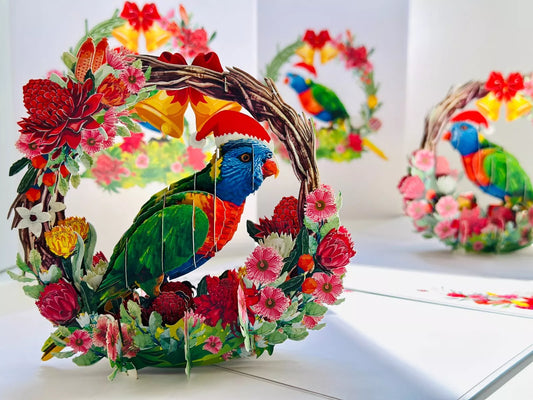 ORIGAMI POP CARD Merry Christmas Australian Rainbow Lorikeet Wreath Pop Up Card AU