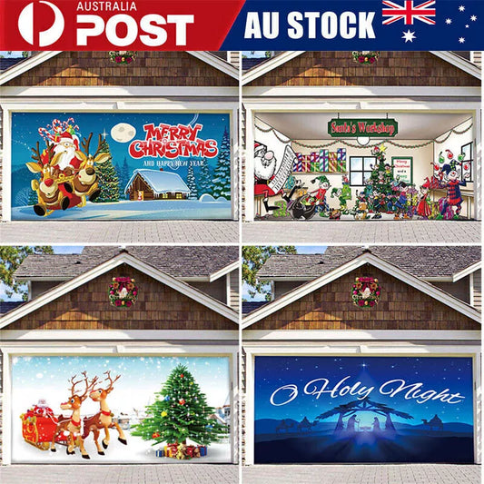 Merry Christmas Holiday Banner Garage Door Cover Mural Winter Snowman AU