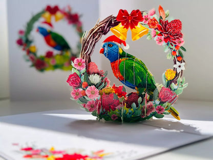 ORIGAMI POP CARD Merry Christmas Australian Rainbow Lorikeet Wreath Pop Up Card AU