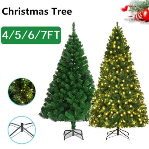 4/5/6/7FT Artificial Christmas Tree W/ LED Lights Bushy Xmas Decor & Metal Stand