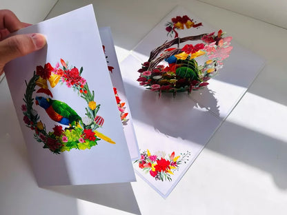 ORIGAMI POP CARD Merry Christmas Australian Rainbow Lorikeet Wreath Pop Up Card AU