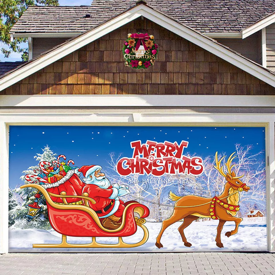 Merry Christmas Holiday Banner Garage Door Cover Mural Winter Snowman AU