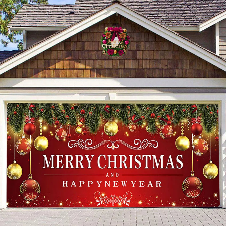 Merry Christmas Holiday Banner Garage Door Cover Mural Winter Snowman AU